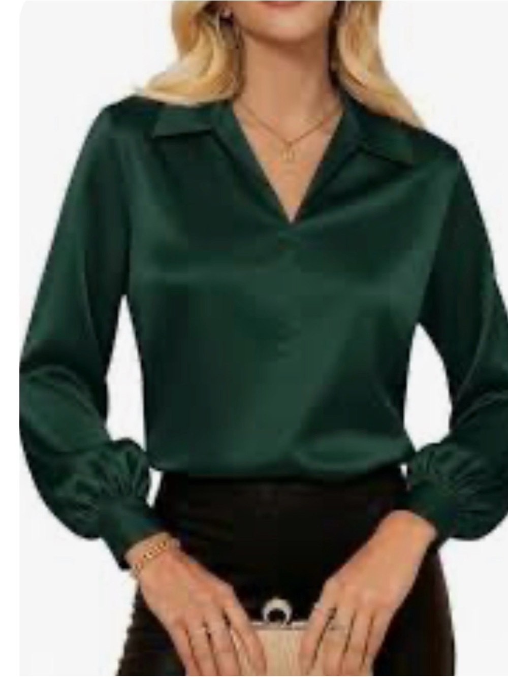 Grace Karin Emerald Green Satin Collared Blouse XL NWT